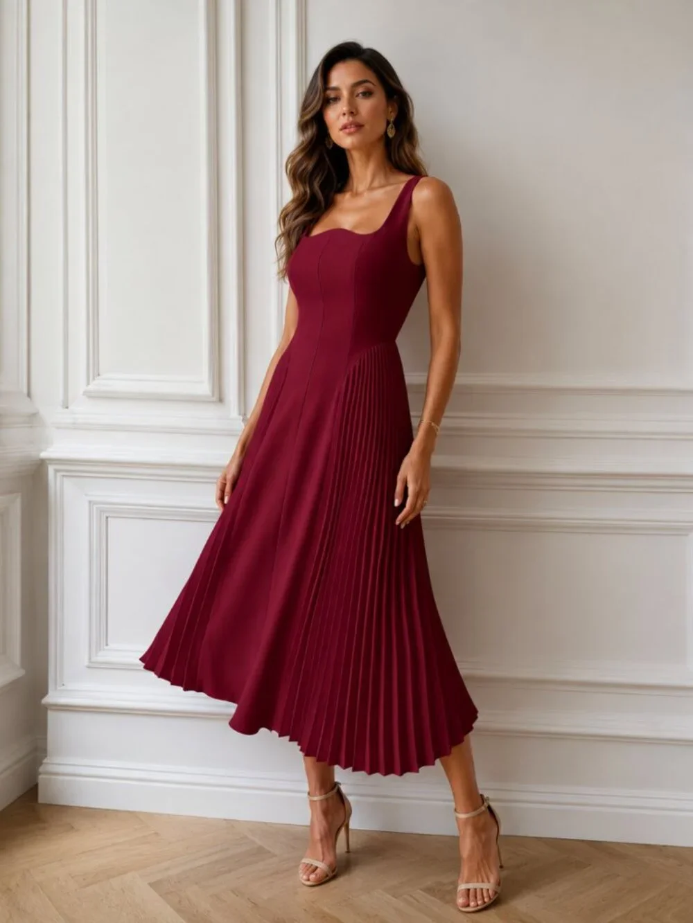 "Aziel" Large Burgundy Pleated Dress - Picture 3 of 4